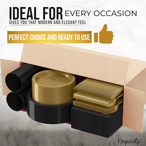 Image of Exquisite 350 Pcs Black & Gold Plates and Napkins Party Supplies Plate Sets