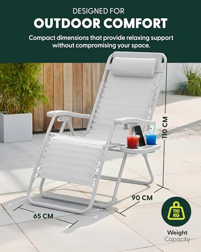 Keplin Set Of 2 Heavy Duty Zero Gravity Chairs – Padded Garden Recliners With Locking System, 160° Recline, Adjustable Pillow, Removable Tray With Cup & Phone Holders, 110Kg Capacity (Light Grey) - 2