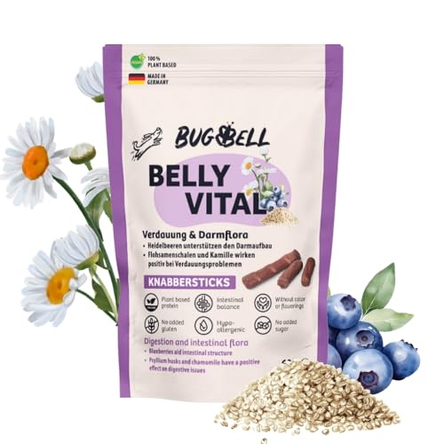 BugBell 60g Knabbersticks BellyVital- Soft Hundeleckerli mit sehr wenig Fett- Verdauung & Darmflora mit Flohsamenschalen- Vegane Kaustange Hund mit Kartoffel, Heidelbeere & Kamille