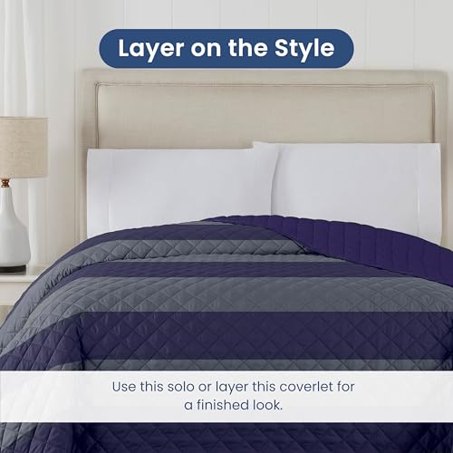 Image of Martex Reversible Coverlet, Full Queen, Rugby Stripe /Navy | Lightweight, Durable, Soft, Easy Care, Reversible