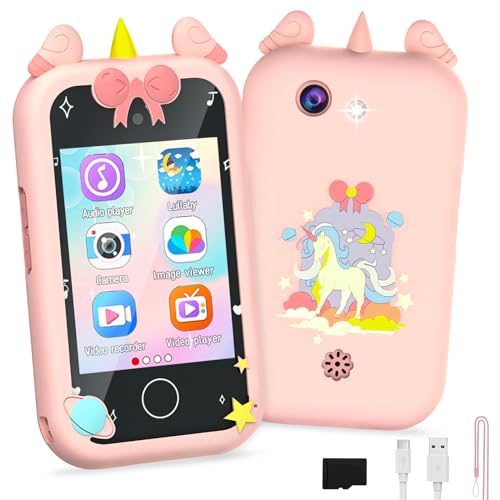 Kids Smart Phone for Girls with Lanyard, Unicorns Gifts for 3-10 Year Old Girls Christmas Birthday Kids Toys Pink, Touchscreen Toddler Learning Play Toy with Dual Camera,Game,Music Player,16G SD Card