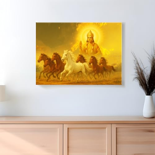 Image of Shurya Dev 7 Running Horses Canvas Wall Art Painting With Frame For Living Room Seven Horse Vastu Feng Shui Framed Painting Positive Energy Wall Art For Home, Office, (16x22 Inch)