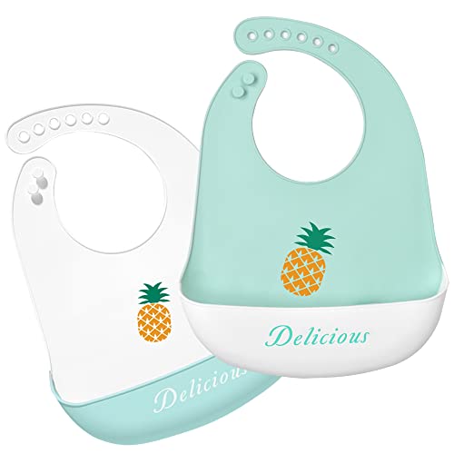 Image of Eimmabey Silicone Bibs for Babies and Toddlers 2 Sets Feeding Bibs for Boy and Girl, Adjustable Soft Waterproof Bibs