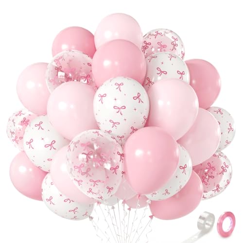 Pink Bow Balloons 60pcs 12in Light Pink Clear White Latex Balloon with Bows and Bow Balloons Pink for Birthday Bachelorette Coquette Party Girl Shower Wedding Decorations