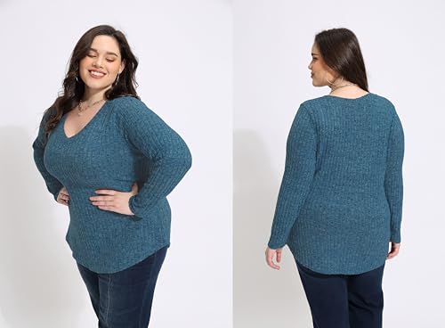 Image of RITERA Plus Size Sweater, Ribbed Long Sleeve Solid Top for Women | Soft vertical ribbed knit, modest V neck, loose long sleeves, curved swing hem, slimming casual layering top for curvy women
