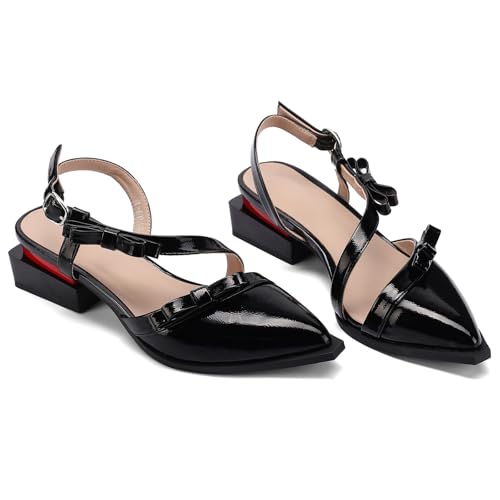 Image of LingxiaUne Women's Flat Sandals with Bowknot Cute Low Wedge Pumps Slingback Heeled Shoes with Pointed Toe and Block Heel Fashion Black Heeled Sandals for Women Size 7.5