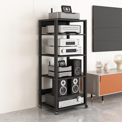 5/6/7-Tier Movable AV Media Stand Power Amplifier Storage Rack CD Player Stand Audio Tower with Height Adjustable Wooden Shelf, Home Theater Audio Stereo System Component Cabinet (Color : 5 Tier)