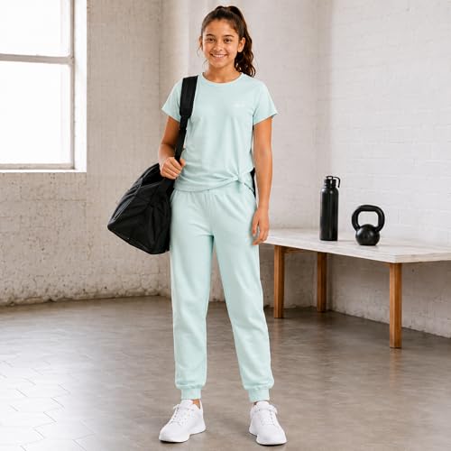 Image of Reebok Girls Sweatpant Set - 3 Piece Athletic Short Sleeve Girls Shirts and Jogger Sweatpants with Pockets - Kids Workout Set