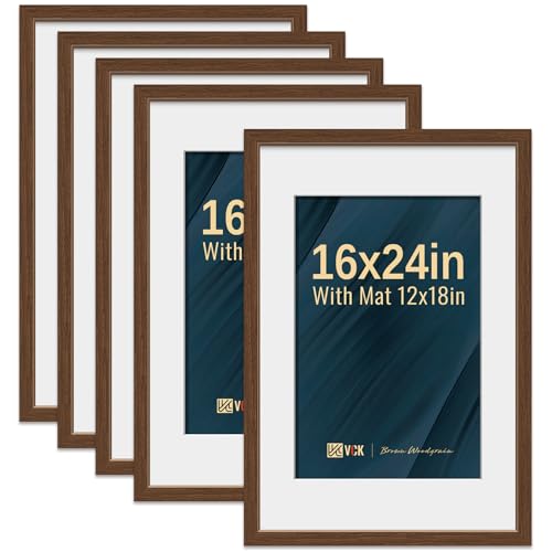 Image of VCK 16x24 Picture Frame 5 Pack, Brown Wood, 12x18 Mat, for Wall Art