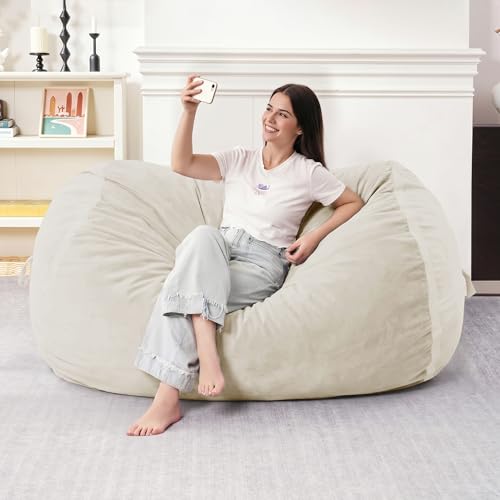 Image of 4FT Bean Bag Chair 4'Big Bean Bag Chairs with Adults, Large Beanbag Chair | Bean bag Lounger with Machine Washable Cover Dutch Velvet Fabric, Comfy Chairs for Living Room Bedroom Dorm, Beige