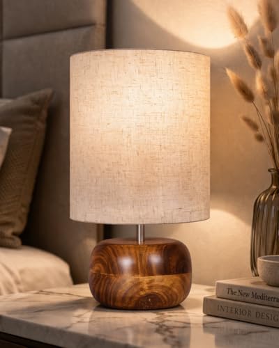 Image of Homesake Handcrafted Wooden Base Table Lamp with Warm Shade, Aara, Bedside Night Light for Bedroom, Living Room, Study Table, Home Decor, Ambient Lighting, (KD Khadi Shade)
