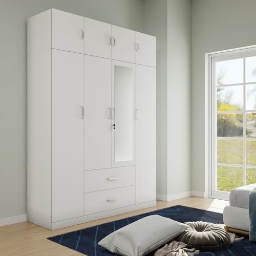 Image of VIKI Wardrobe | Wooden Almirah for Clothes,Door for Bedroom with Loft, 4 Door Wardrobe with Drawer, Mirror & Hanging Space (Frosty White - 40D x 160W x 180H) | 1 Year Warranty | Free Assembly