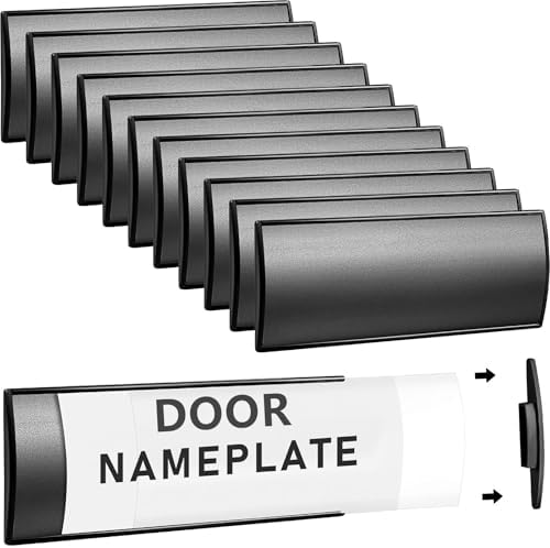 12 Pcs Self-Adhesive Door Name Plate Holder 8x3 Inch Metal Aluminum Nameplates Personalized Curved Name Signs with Plastic Film for Office Cubicle Doors Room Wall Desk - Black