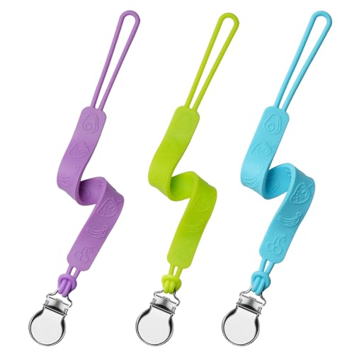 Image of Silicone Pacifier Clip, Seposeve Pack of 3 Baby Pacifier Teether Clip with 4 Texture, Soft Flexible Silicone Pacifier Leashes & Cases for Boy and Girl, Keeps Pacifier Clean, Light Purple Green Blue