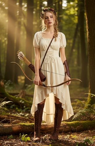 Renaissance Costume Women High Low Summer Corset Dress Apricot M — view 3