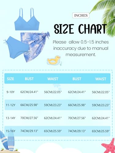 Image of Girls Swimsuit V Neck Bikini Set Color Block with Cover Up Skirt 3 Piece Bathing Suits Tween Swimwear 9-16 Years