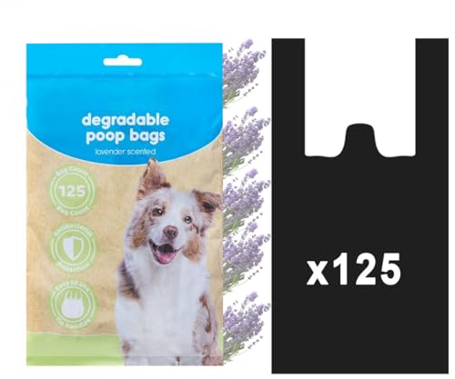 125 bolsas degradables para caca de perro, aroma a lavanda, diseño de asa de corbata, protección antibacteriana, fácil de atar, rollos de repuesto para bolsas de residuos de excrementos para perros,