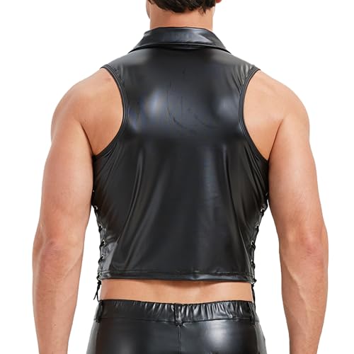 Men's Faux Leather Vest Tank Top Shirt Sleeveless Shirt Wet Look Undershirt Round Neck Shirt Nightwear3