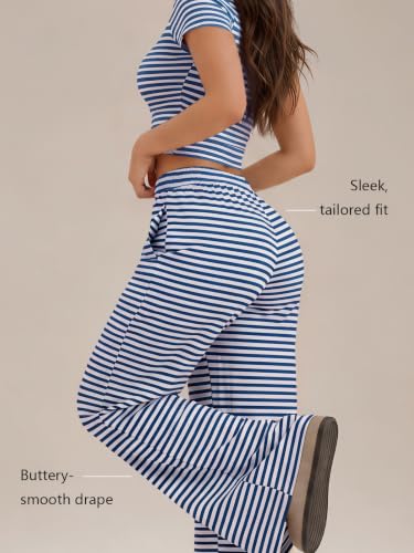 Image of Trendy Queen 2 Piece Matching Summer Lounge Set Womens Side Ruching Top Wide Leg Pants Sets with Pockets