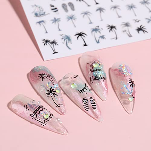 Summer Beach Nail Stickers 9 Sheets Self-Adhesive Nail Art Decal Palm Tree Mermaid Tropical Nail Design Decoration #TOP6