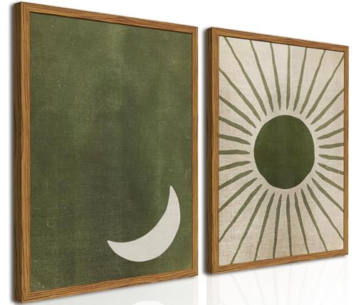 Framed Boho Sun and Moon Canvas Wall Art Set of 2, Vintage Sage Green Bohemian Pictures Wall Decor, Mid Century Modern Abstract Minimalist Paintings Prints for Living Room Bedroom Office 12x16 inch