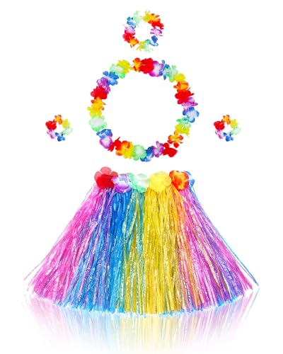 Fortuning's JDS Girl's Hawaiian Hula Grass Skirt Matching Elastic Flowers Kids Costume Set for Luau Tropical Beach Party