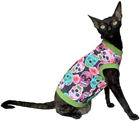 Hairless Cat's Cotton Stretch T-Shirt Mexican Skulls for Sphynx Cats (L)