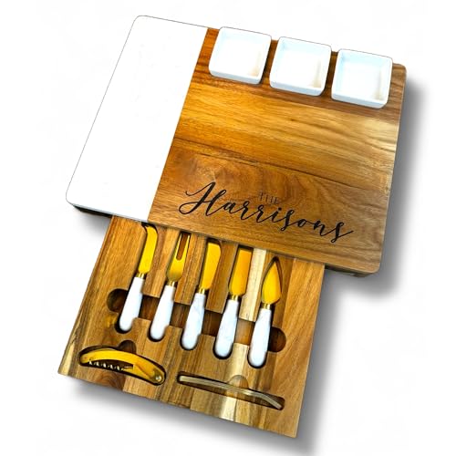 Quartz & Acacia Modern Charcuterie Board Set 16 pcs Laser Engraved Cheese Board And Knife Set Realtor Closing gift Custom Christmas Wedding