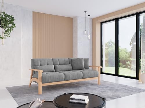 Cavadore 3er-Sofa Billan / 3-Sitzer Schlafsofa im skandinavischen Design mit Bett und massivem Holzgestell in Buche / 199 x 88 x 106 / Mikrofaser, Grau – Bild 3
