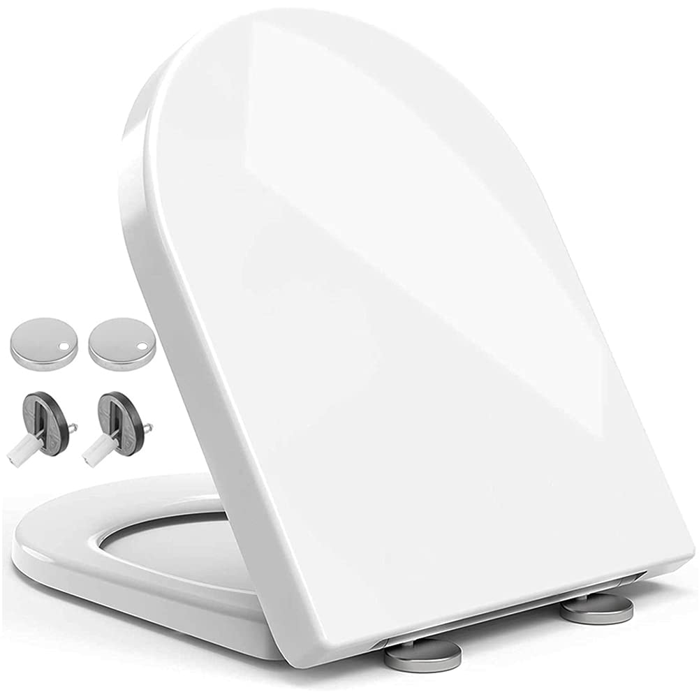Toilet Seat Elongated D Shaped with Quiet Close Features and Adjustable Hinge, High-Density Robust Quick Release Toilet Lid Easy Install & Easy Clean, GD-D015 White