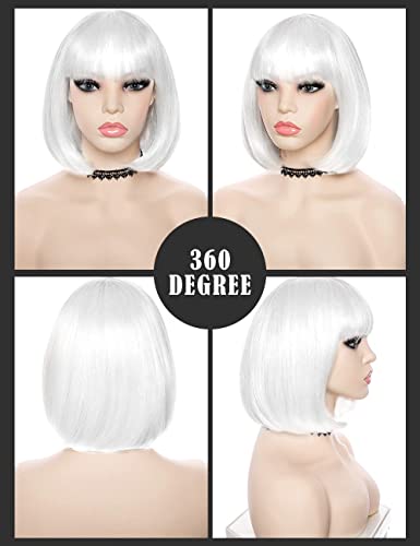 Image of LIULIUBTY Short Bob Hair Wigs Straight with Flat Bangs Synthetic Colorful Cosplay Daily Party Neon Wig for Women + Free Wig Cap 12 inch Natural As Real 10 inch Heat Resistant Synthetic Hair,Blond