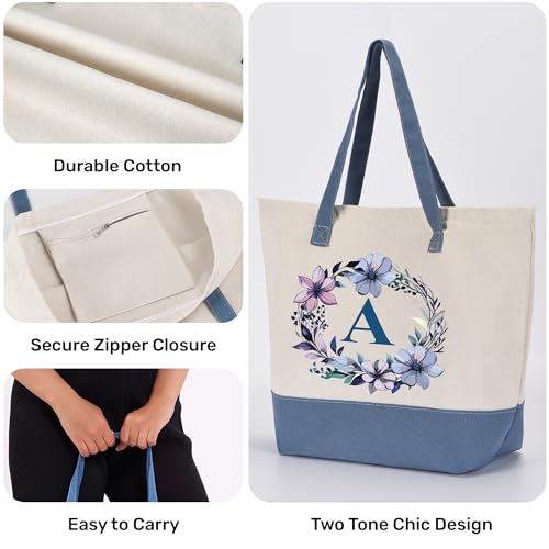 HIFA-Initial-Tote-Bag-for-Women-Personalized-Canvas-Tote-Bag-Two-Tone-Zipper-Inner-Pocket-Multipurpose-Shoulder-Bag