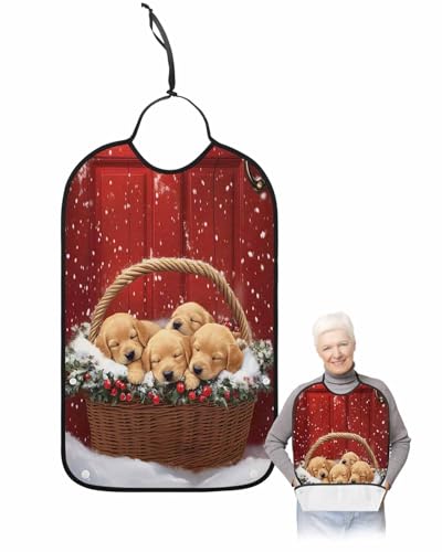 Onekaccu Christmas Adult Bibs for Elderly Women Men Washable Bibs for Eating, Winter Funny Cute Dog Puppy Berry Red Xmas Waterproof Clothing Protectors Adult Bibs with Crumb Catcher