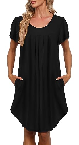 Bestshow Pleated Nightgown Soft Nightshirt Sleep Pajama Dress Short Sleepshirt Loungewear Sleepwear Black #TOP1