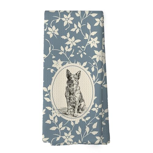 XPH Blue Floral Australian Cattle Dog Kitchen Dish Towels, Cattle Dogs Gifts for Women, Dog Lovers Mom Gifts, Vintage Blue Floral Golden Doodle Hand Towel Kitchen Tea Towels Decorations, 16x24inch