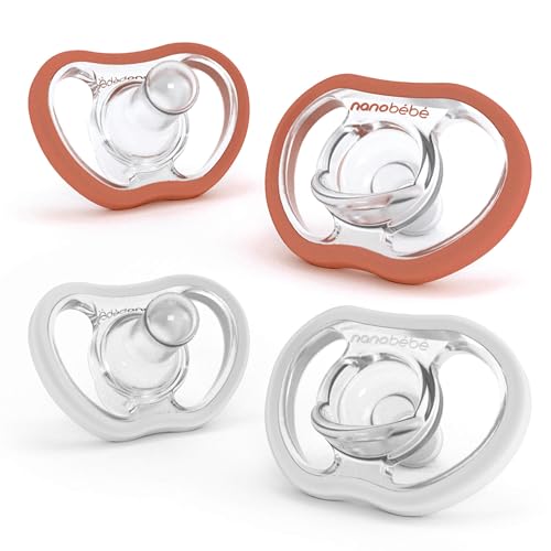 Image of Nanobebe Active Baby Pacifiers 4-36 Months - Orthodontic, Lightweight and Vented, Curves Comfortably with Face Contour, 100% Silicone - BPA Free, Perfect Baby Registry Gift 4pk, Clay/White