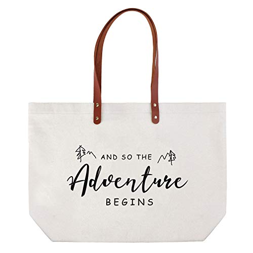 CARAKNOTS Tote Bag for Women And so the Adventure Begins Bride Gifts for Wedding Bridal Shower Bachelorette Engagement Honeymoon Canvas Cotton Shoulder Bag with Zipper and Pocket4