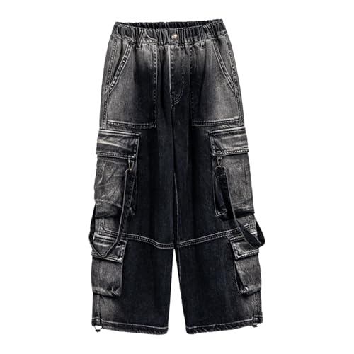 Boys Cargo Denim Pants Straight Wide Leg Vintage Baggy Streetwear Jeans Elastic Waisted Cool Multi Pockets Trousers3