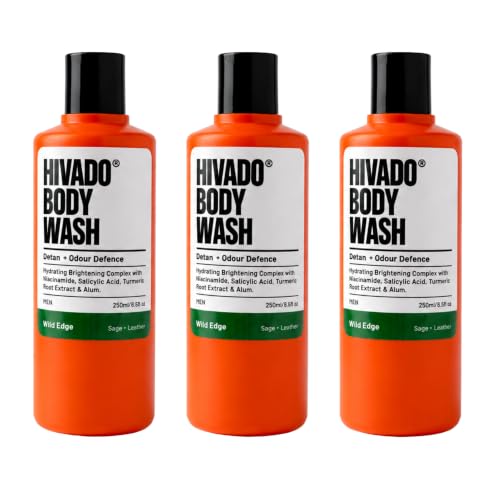 Image of HIVADO Men's De-Tan Body Wash 3x250ml | Tan Removal & Skin Brightening Shower Gel with Niacinamide & Turmeric | Controls Oil, Body Odour & Back Acne | Alum, Salicylic Acid & Lactic Acid Formula | Hydrating Cleanser | Sage & Leather Scent
