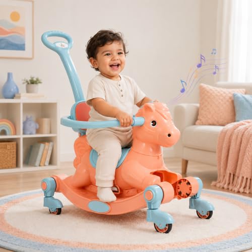 Image of 3 in 1 Baby Horse Rider for Kids 1-5 Years with Parent Handle, Rocking Horse, Ride On Toy, 360 Safety Guard, Music, Swivel Wheels, Backrest, Baby Ride On for Boys & Girls (Orange)