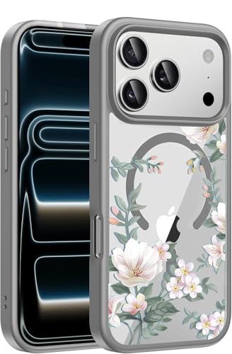 Image of VONZEE Back Cover Case Compatible with iPhone 17 Pro Max, Luxury Retro Flowers Floral Clear for Magnetic Wireless Charging Case Shockproof PC+TPU Cute Glossy Shiny Cover for Girls Women|6.9''|Grey