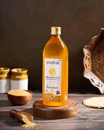 Image of Poshak Cold Pressed Mustard Oil 1L | Wood Pressed | Kachi Ghani /Kolhu /Chekku | Unrefined & Chemical-Free | Pure & Natural Healthy Mustard Cooking Oil | Ideal for All Types of Cooking (Yellow Mustard)