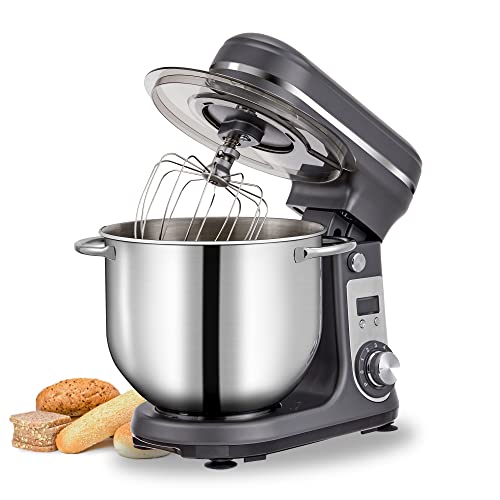 Biolomix Küchen Elektro Standmixer,6 Gang Küchenmaschine mit neigbarem Kopf und 5L Edelstahlschüssel,Knethaken,Flachrührer,Schneebesen und Spritzschutzabdeckung,Schwarz (BM601-Grau) Cover