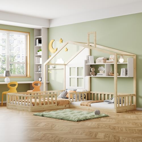 NNJN Cama infantil de 90 x 200 cm (140 x 70 cm) con ventana y chimenea en forma de casa con estantes, con rejilla de seguridad y somier (color madera)