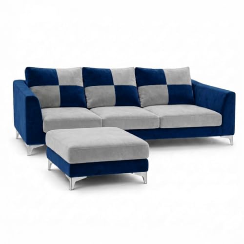 Image of Romeo Rich 4 Seater L Shape Sofa Set with Movable Ottomans | Flexible Layout | Velvet Suede Fabric | Golden Aesthetic Legs | Dual Tone Modern Sofa for Living Room (Dark Blue-Light Grey)