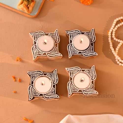 Image of Ascension Pack of 4 Wooden Swastik Shaped Tea Light Candle Holder Handmade Wooden Block Print Tealight Candle Stand Decorative Items For Puja Gifting Indoor Outdoor Diwali Decoration Home Office Decor