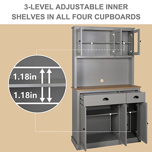VEIKOU Kitchen Pantry Cabinet, 71" Buffet with Hutch, Freestanding Storage Cabinet with Adjustable Shelves & Glass Doors, Tall Cupboard Pantry Cabinet with Large Countertop, Grey 7 VEIKOU Kitchen Pantry Cabinet, 71" Buffet with Hutch, Freestanding Storage Cabinet with Adjustable Shelves & Glass Doors, Tall Cupboard Pantry Cabinet with Large Countertop, Grey - Image 5