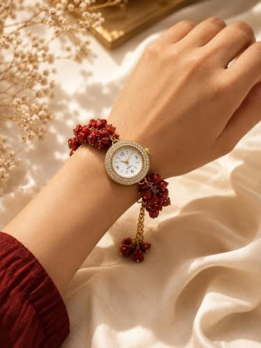 Image of ARKN Crystal Bracelet Watch for Women | Natural Gemstone Beaded Wrist Watch | Gold-Tone Dial with Rhinestone Bezel | Adjustable Fashion Jewellery Gift for Women & Girls