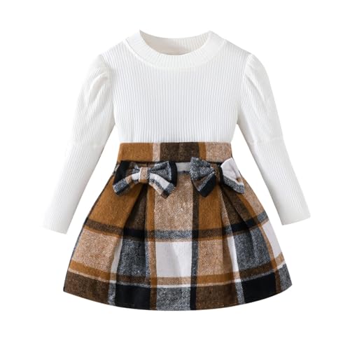 Image of Noubeau Toddler Girls Plaid Outfits Girls Puff Sleeve Knit Ribbed Shirt Tops Plaid Skirt Set Kids Fall Winter Clothes