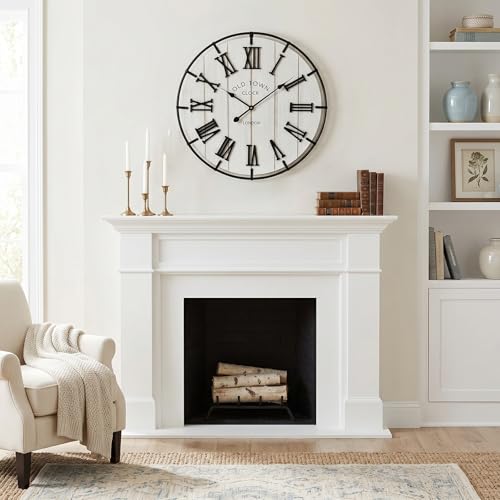Image of EMAX HOMELarge 24 Inch Farmhouse Style Wall Clock, Distressed Wood Look, Non-Ticking Quartz Movement, Classic Black Roman Numerals and Metal Frame, for Living Room Wall, Bedroom